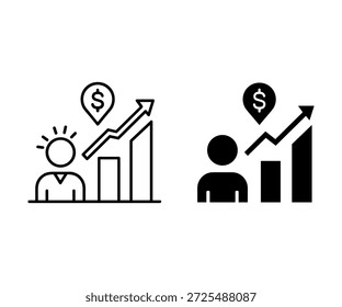 Duas pessoas ao lado de gráficos de barras com sinais de dólar e setas para cima negócio
