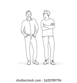 Two people standing next to each other. Line drawing vector illustration.