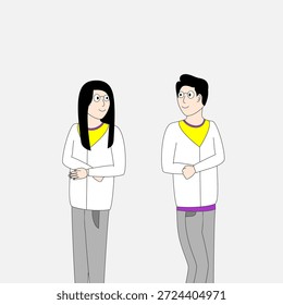 Two people are standing next to each other, one of them wearing a yellow shirt. The girl has long hair and is smiling, while the boy has glasses and is also smiling. The image has a lighthearted