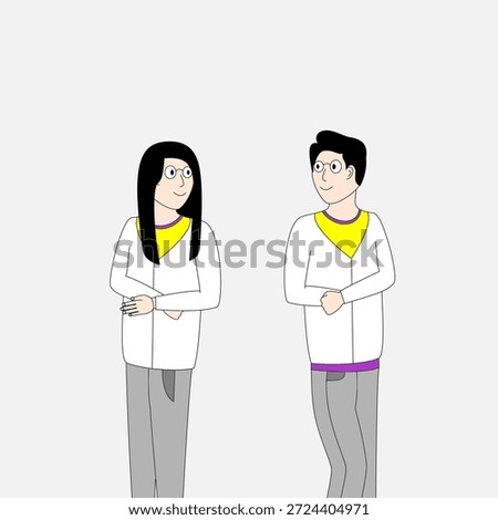 Two people are standing next to each other, one of them wearing a yellow shirt. The girl has long hair and is smiling, while the boy has glasses and is also smiling. The image has a lighthearted
