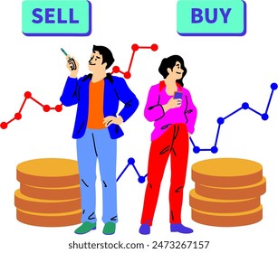 two people standing next to stacks of coins and a sign that says sell buy
