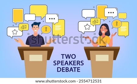 Two people standing at podiums, facing each other, engaged in a debate. Both hold microphones, emphasizing formal discussion. The background is neutral, suggesting a conference or competition. Vector