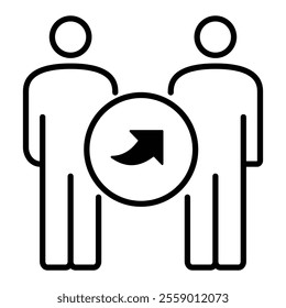 Two people standing side by side, with an arrow pointing from one to the other, symbolizing a business referral or recommendation, round line vector icon with editable stroke