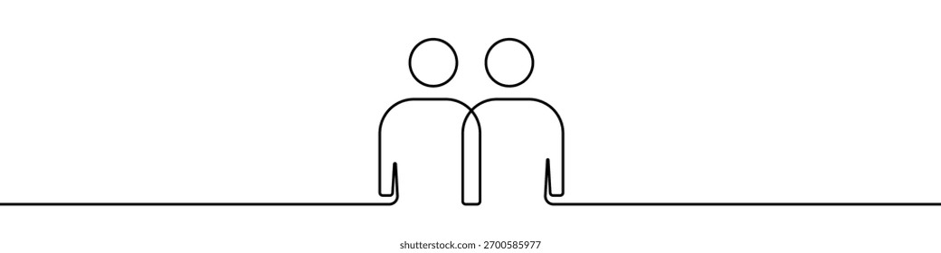Two people standing together in one line art style. Drawing of figures connected by a continuous line with editable black stroke on a white background. Vector illustration.