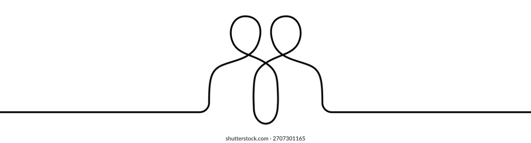 Dos personas de pie juntas en una línea de estilo de arte. Dibujo de figuras conectadas por una línea continua con un trazo negro editable sobre un fondo blanco. Ilustración vectorial.