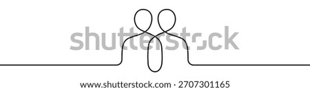 Two people standing together in one line art style. Drawing of figures connected by a continuous line with editable black stroke on a white background. Vector illustration.