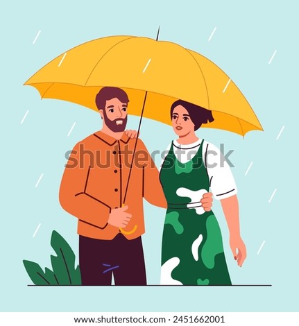 Two people standing under a yellow umbrella in the rain, illustration on a light blue background depicting companionship. Flat vector illustration