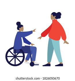 Two People, A Standing Woman Is Helping A Disabled Woman Sitting In A Wheelchair, Colorful Human Illustrations On White Background, Disabled Illustration