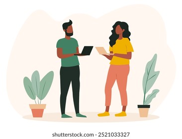 two people standing and working on laptops, surrounded by potted plants. background a simple off-white color. The image conveys concepts of collaboration, online education, and home office setup