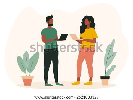 two people standing and working on laptops, surrounded by potted plants. background a simple off-white color. The image conveys concepts of collaboration, online education, and home office setup