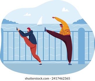Two people stretching by the sea, one taking a selfie. Casual exercise and modern lifestyle near water. Mobile technology meets fitness routine vector illustration.