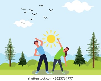 Two people stretching under the sun in a green park with trees, birds, and bright sky, illustration vector