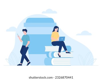 Two people are studying outdoors trending concept flat illustration