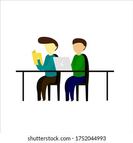 two people studying together reading a book and operating a laptop vector illustration