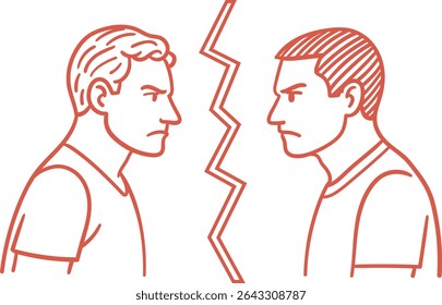 Two people, in the style of linear graphics, stand face to face with angry expressions, separated by a zigzag line. A symbol of conflict, confrontation and tension. Men look at each other in profile