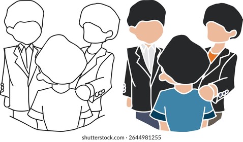 Two people in suits are chatting with people in  blue T-shirts to reach an agreement Vector