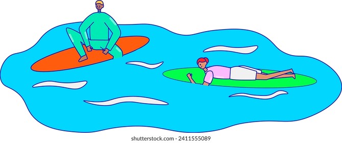 Zwei Menschen, die auf Wellen surfen, Männer auf orangefarbenem Surfbrett, Weibchen auf grünem Brett. Freizeitsport und Meeresaktivitäten, Vektorgrafik.