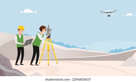 Two people surveying and a drone