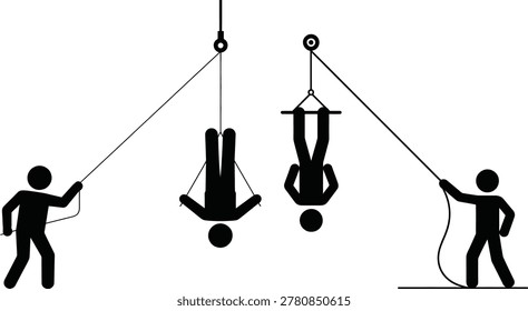 Two people swinging acrobats on trapeze ropes