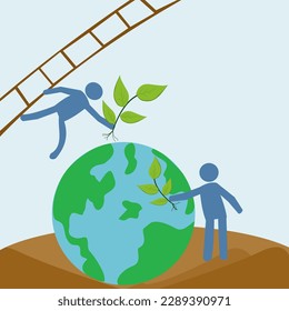 two people symbol Helping to plant trees in the world, world environment day concept.
