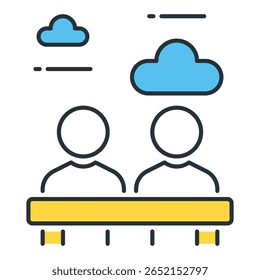 Dos Personas en una mesa con las nubes arriba, estilo plano del icono del Vector