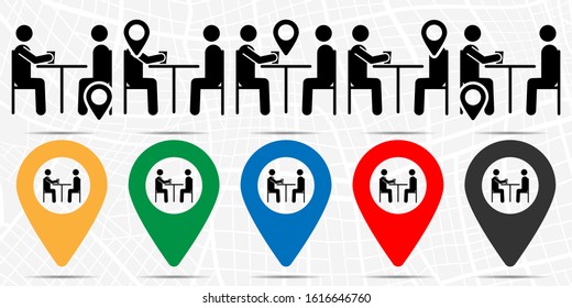 Two people at the table, glass icon in location set. Simple glyph, flat illustration element of people theme icons