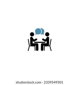 Two people at table icon. Two people at table communicating with each other vector icon silhouette. Discussion. Topic on the table. Vector image for web, advertisement and design . Talking each other.