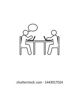 Two people, table, laptop icon. Simple thin line, outline vector of People icons for UI and UX, website or mobile application