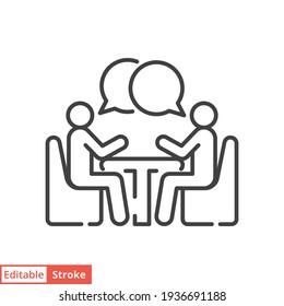 Two people at the table line icon. Simple outline style. Conversation, office talk, 2 man with bubble speech concept. Vector illustration isolated on white background. Editable stroke EPS 10.