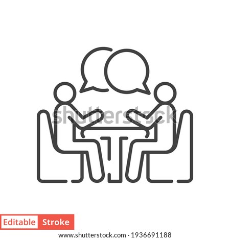 Two people at the table line icon. Simple outline style. Conversation, office talk, 2 man with bubble speech concept. Vector illustration isolated on white background. Editable stroke EPS 10.