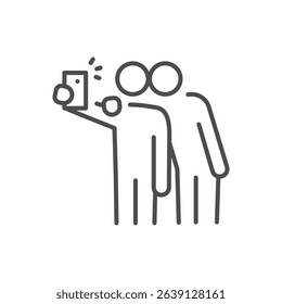 Two people taking a selfie icon. Thin line editable stroke vector illustration for social media, smartphone photography, group portrait, friendship memory, and modern lifestyle.