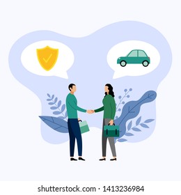 Two people talk about car insurance, vector illustration