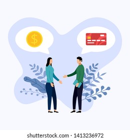 Two people talk about debit or credit card payment, vector illustration