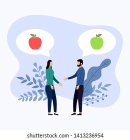 Two people talk about red apples and green apples, vector illustrations