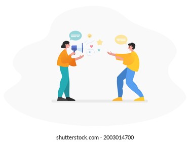 Dos personas hablan, se comunican con megáfono, altavoces. Concepto de relaciones públicas. Ilustración vectorial moderna