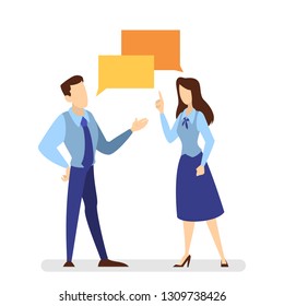 Two people talk to each other. Conversation, discussion and dialog. Person exchange information. Isolated vector illustration in cartoon style