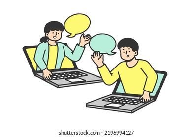 
Two people talk through laptop screens and shake hands. Online communication and business meeting, video communication technology and video call application concept. Isolated on white background.