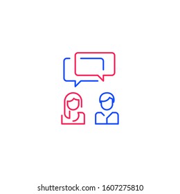 Two people talking, communication concept, man and woman speaking, tutoring and guidance, dialogue or negotiations, vector line illustration