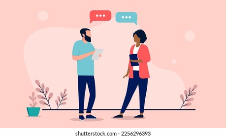 Two people talking - Conversation between businesspeople standing with speech bubbles in air. Flat design vector illustration