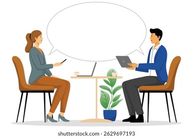 Two people talking at desk with speech bubble
