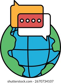 Dos personas hablando entre sí en un globo terráqueo. El globo está rodeado por un círculo. El globo es blanco y negro