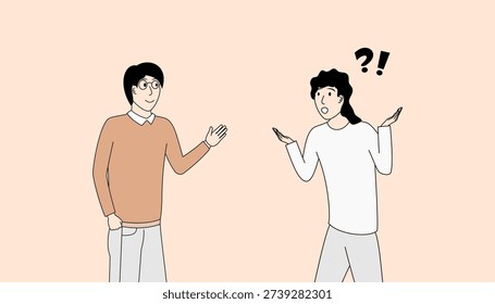 Two people are talking to each other, one of them is asking a question. Scene is curious and inquisitive