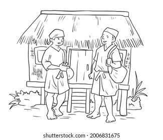 Dos personas hablando frente a la ilustración de gallina coop