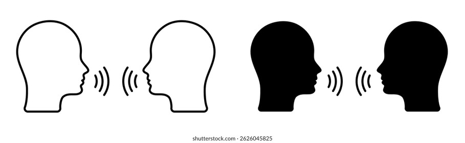 Conjunto de ícones de duas pessoas falando. Símbolo de conversa, comunicação e fala. Silhueta e cabeça de contorno com ondas de som. Conceito de fala, discussão e voz em estrutura de tópicos e estilo sólido.