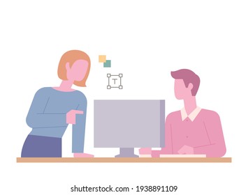 Two people are talking at an office desk. The boss is giving instructions. flat design style minimal vector illustration.
