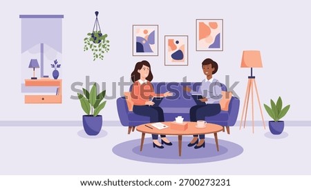 Two people talking on a couch in a cozy living room setting vector flat illustration