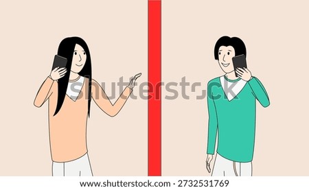 Two people are talking on their cell phones, one on the left and one on the right. The girl on the left is smiling while talking, and the boy on the right is also smiling