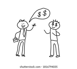 Two people are talking on a white background. Vector illustration.