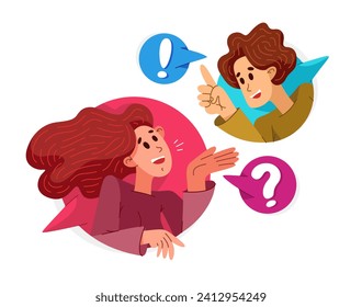 Two people talking online via some messenger with speech boxes, vector illustration of online video dialog, couple in speech bubbles.