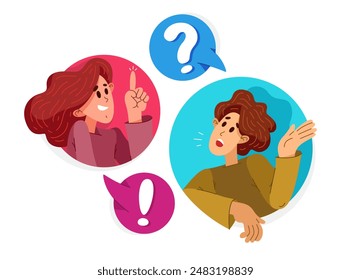 Two people talking online via some messenger with speech boxes, vector illustration of online video dialog, couple in speech bubbles.